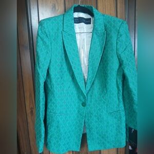 Zara Teal Patterned Single-Button Blazer